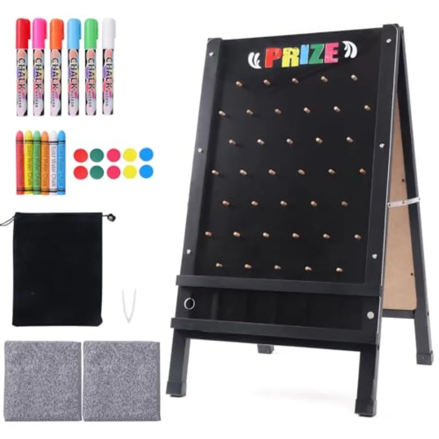 

Prize Drop Game Board 15.7"X27.5" Double-Sided Foldable Design with Wooden A-Frame Chalkboard Sign for Family Carnival Trade Sh