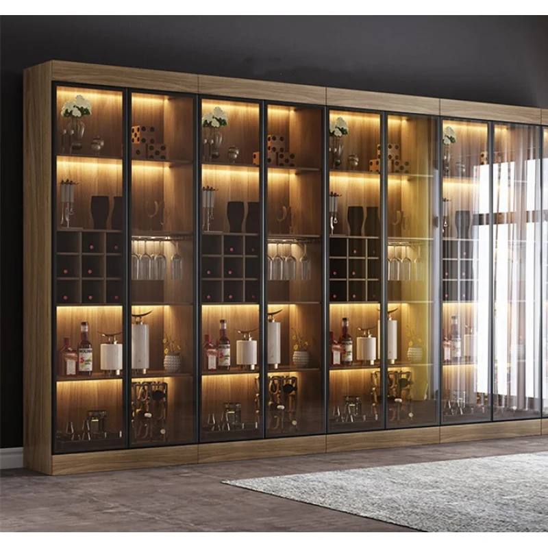 custom，High-end Red Wine Display Shelf Alcohol Showcase with LED Light Wine Shop Furniture Wooden Wine Display Cabinet