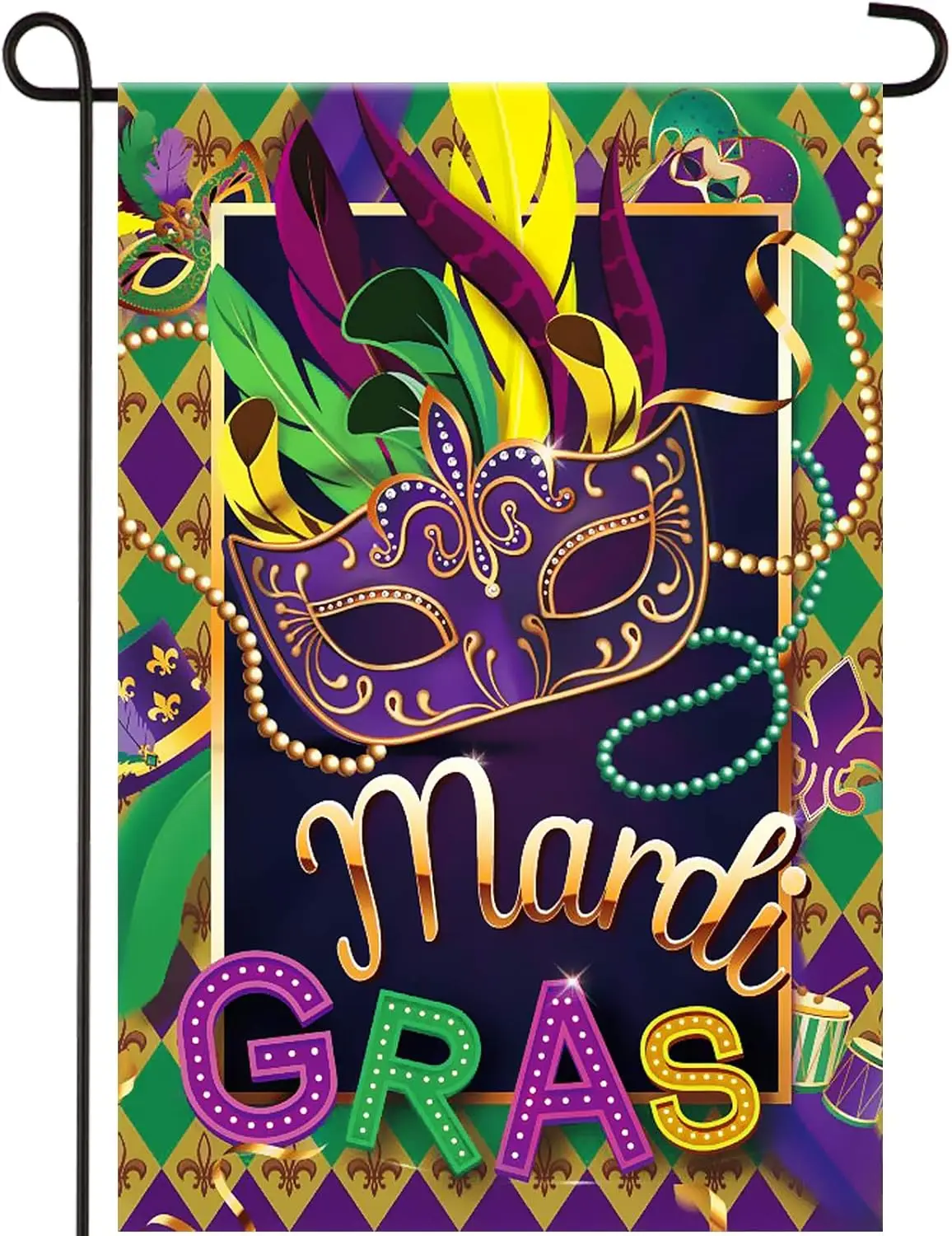 Tatuo Mardi Gras Double Sided Mask Beads Flag - Polyester 12.6 x 18.5 inches, Outdoor Decorative Fleur De Lis Carnival Yard  EEZ