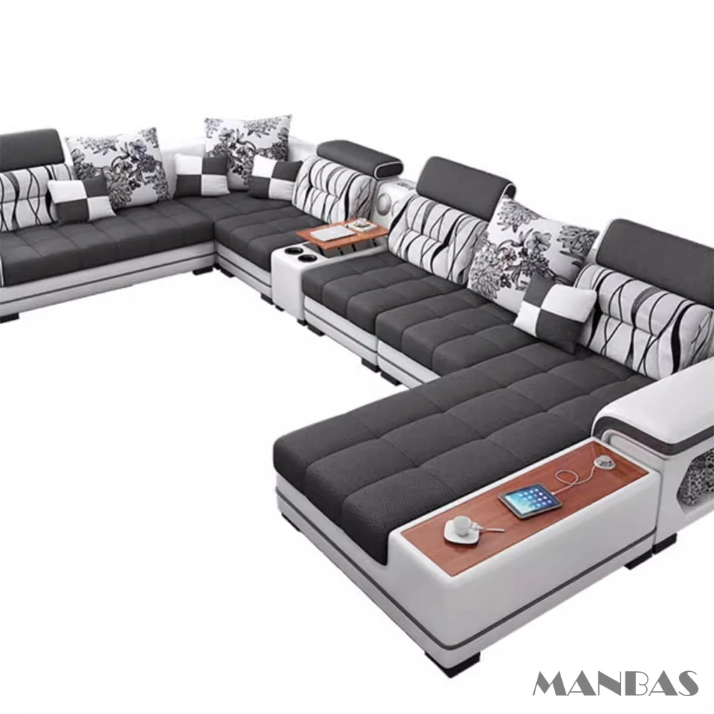 Big U-Shape Coth Living Room Sofa Sets with USB, Speaker, Stools, Bluetooth - MANBAS Fabric Sectional Sofas for Home Furniture