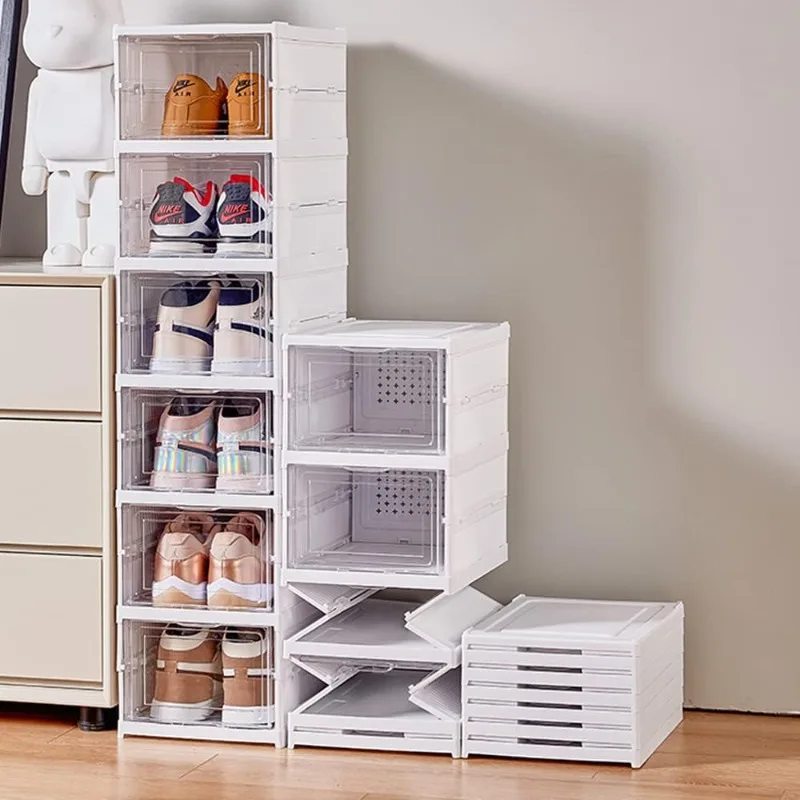 

Foldable Shoe Rack Collapsible Storage Box Size up to 14, Stackable Plastic Bins Tote with Lids Organizing Installation