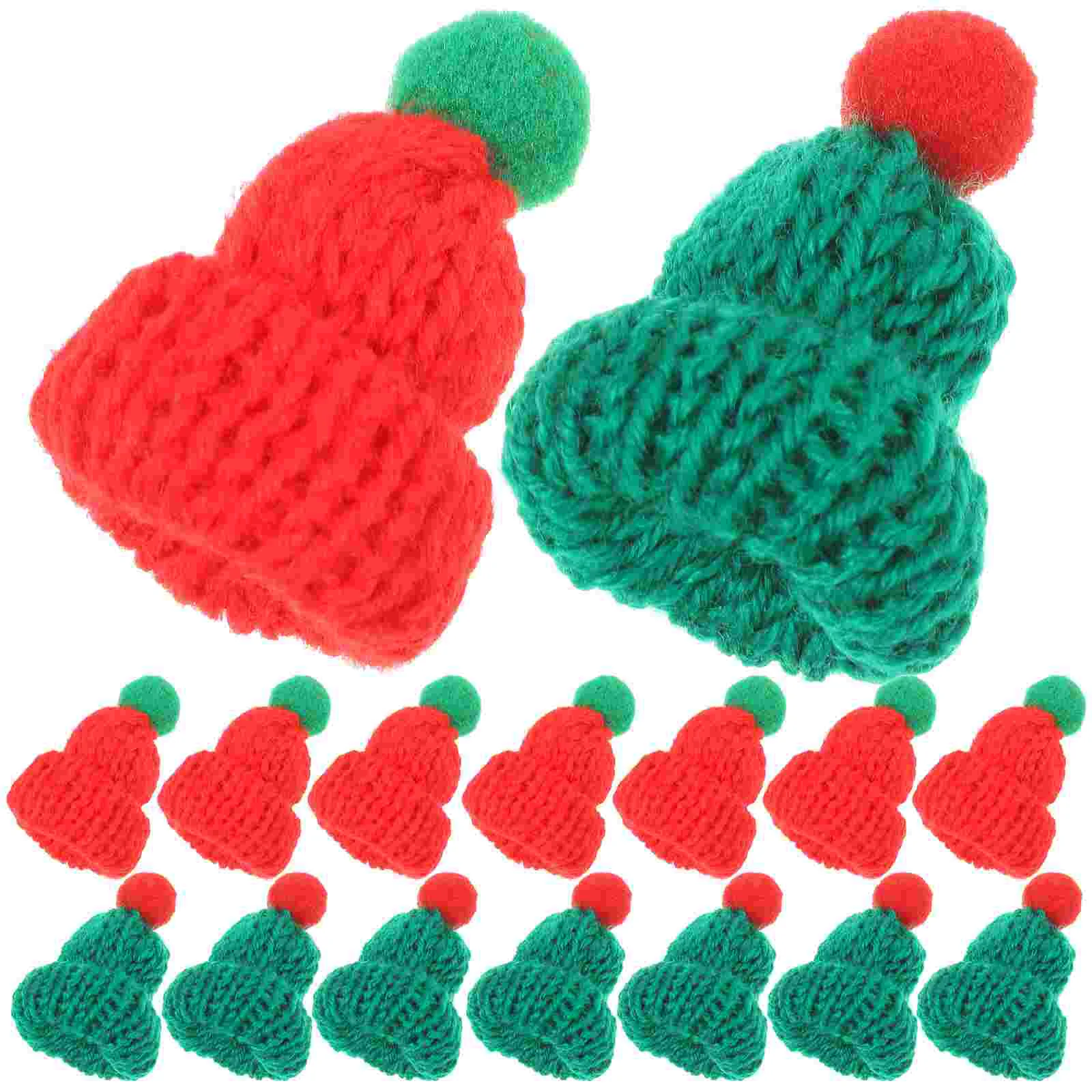 20 Pcs Mini Beanie Christmas Hat Ornaments Xmas Bottle Cover DIY Miniature Santa Outdoor Decorations Knitted Candy