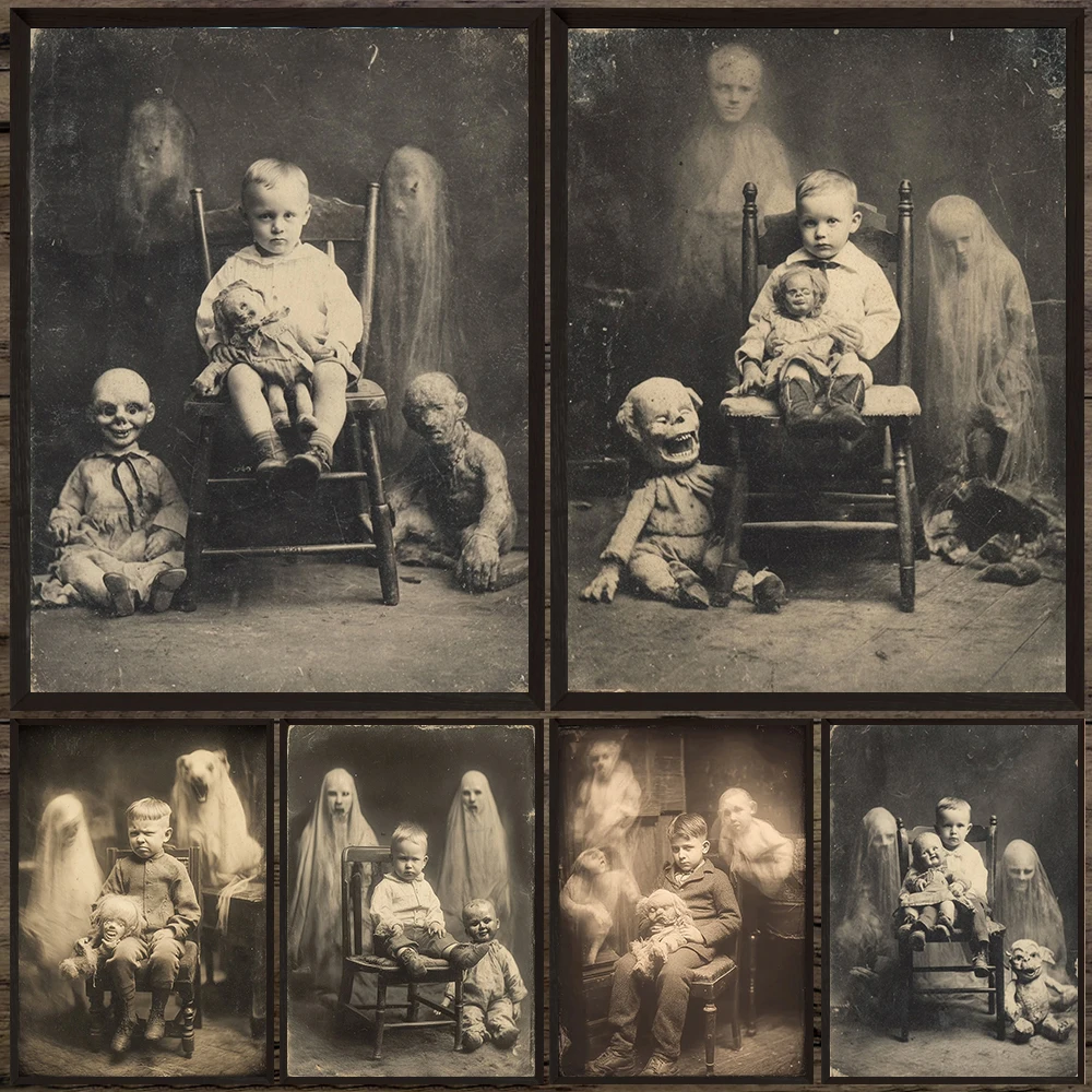 Photo Of A Child Surrounded By The Ghost,Vintage Horror Photography Art Poster Print,Creepy Antique Photo Wall Art Canvas Print