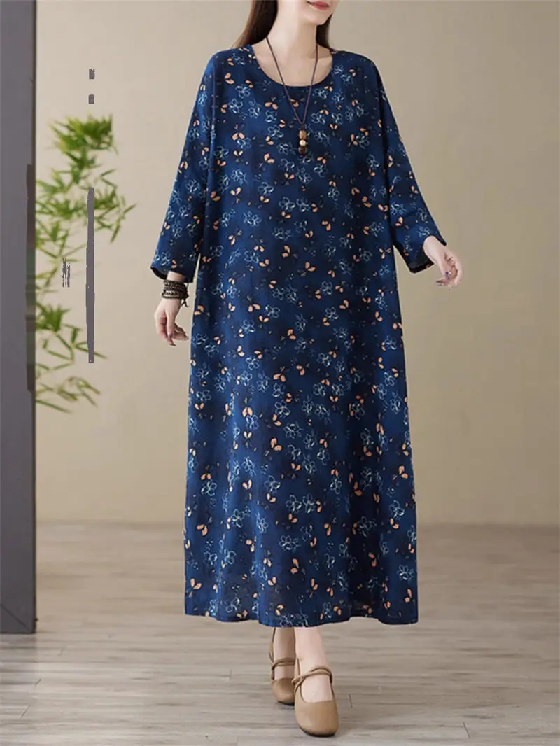 Floral Vacation Style Loose Large Size Long Dress Autumn Round Neck Full Sleeve Casual Retro Printed Women's Clothing k2707