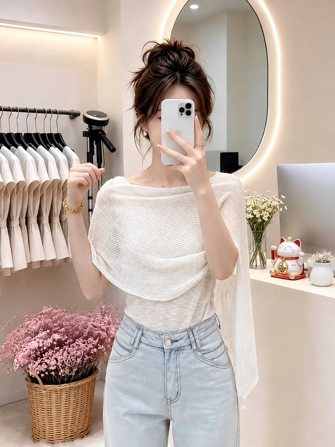 

Elegant Slimming Summer Sun Protection Cover up Top Lightweight Unique Fashionable Two Piece Set Design Sense Overhead Shirt