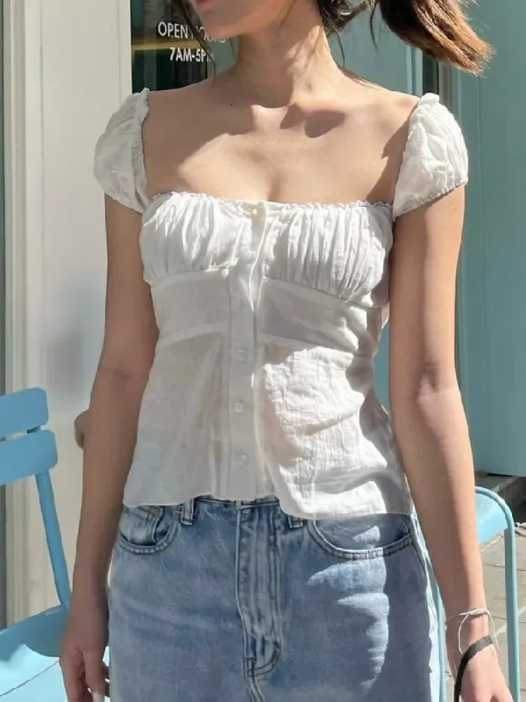 

Милая кружевная лоскутная укороченная блузка женская плиссированная однобортная блузка в стиле Харадзюку Y2k эстетический малый воротник в стиле гранж Blusas уличная одежда