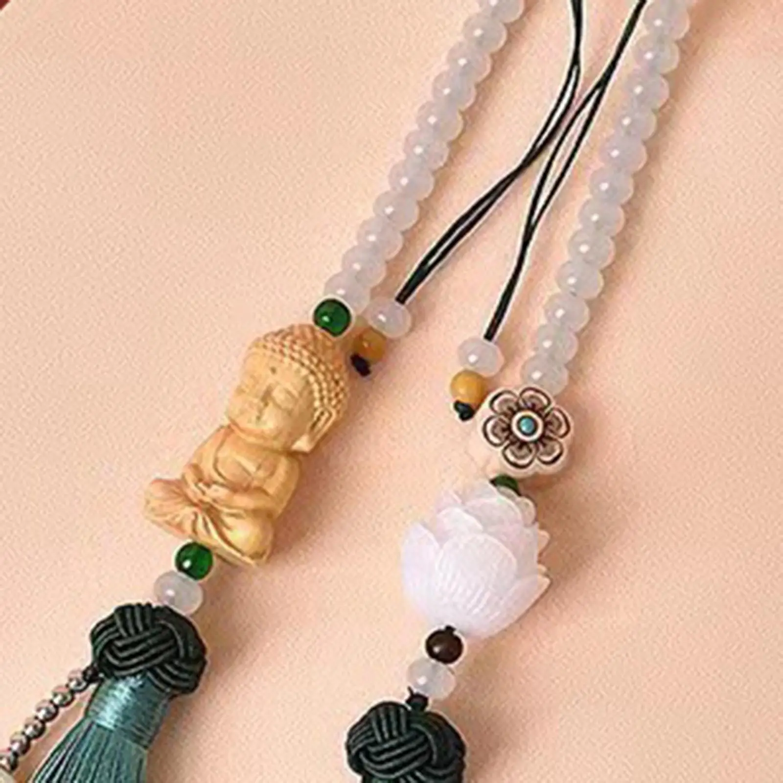 Car Hanging Pendant Buddha Statue Wood Bead Chinese Style Rearview Mirror Decor Peace Charm for Vehicle Interior