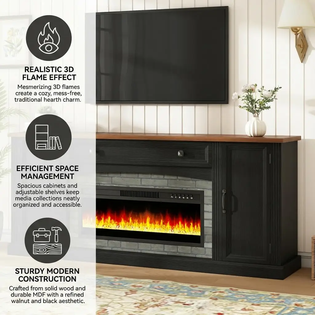 Electric Fireplace TV Stand 30 Inch Insert, Modern Farmhouse Media Console with Stacked Stone Walnut Finish, Entertainme