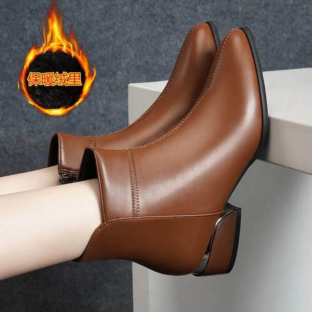 2026 Neue Damenstiefel Mode Lässige Lederstiefel Spitze Formelle Büroschuhe für Frauen Reißverschluss-Knöchelstiefel – Detail 5