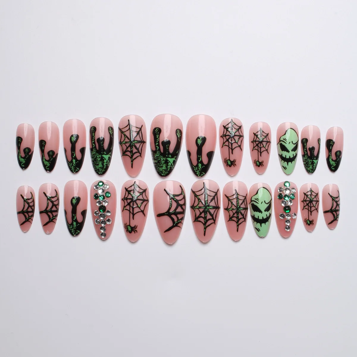 Handmade Halloween Wearable Nail Tips Green Spiderweb Design Diamond Sparkling Medium-Length False Nails for Party Use
