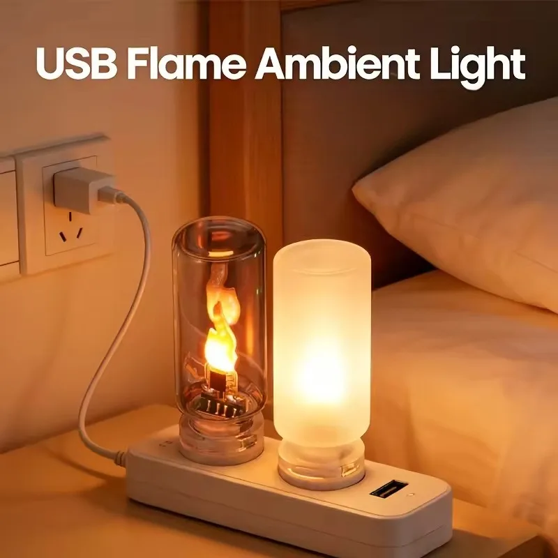USB Flame Flickering Night Light 5v Frosted Clear Glass LED Flickering Dynamic Candle Light DIY Car Home Atmosphere Lighting
