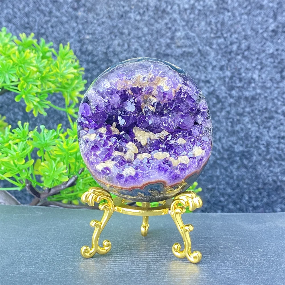 Natural mineral amethyst geode smiles, Feng Shui, fortune, divination crystal ornaments, home decoration + base