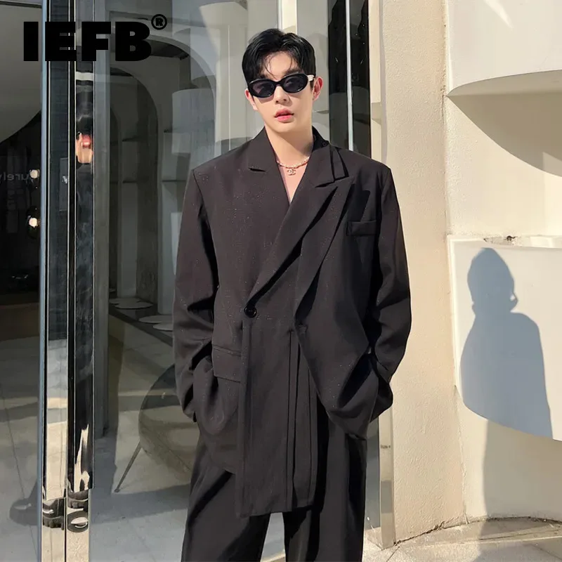 IEFB Fake Two-piece Male Suit Jackets Korean Style Casual Double Layer Collar Solid Color Single Button Men's Blazers New 9C2246