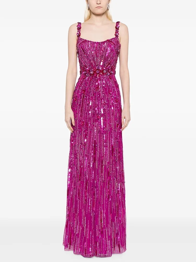 New European and American fashion heavy industry nail bead sequins sexy slim mesh high-end long skirt dress