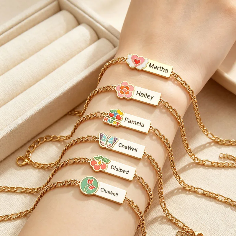 DUOYING Custom Name Bracelet Enamel Cartoon Pattern Accessories Stainless Steel 18K Gold Material Personalized Birthday Gift