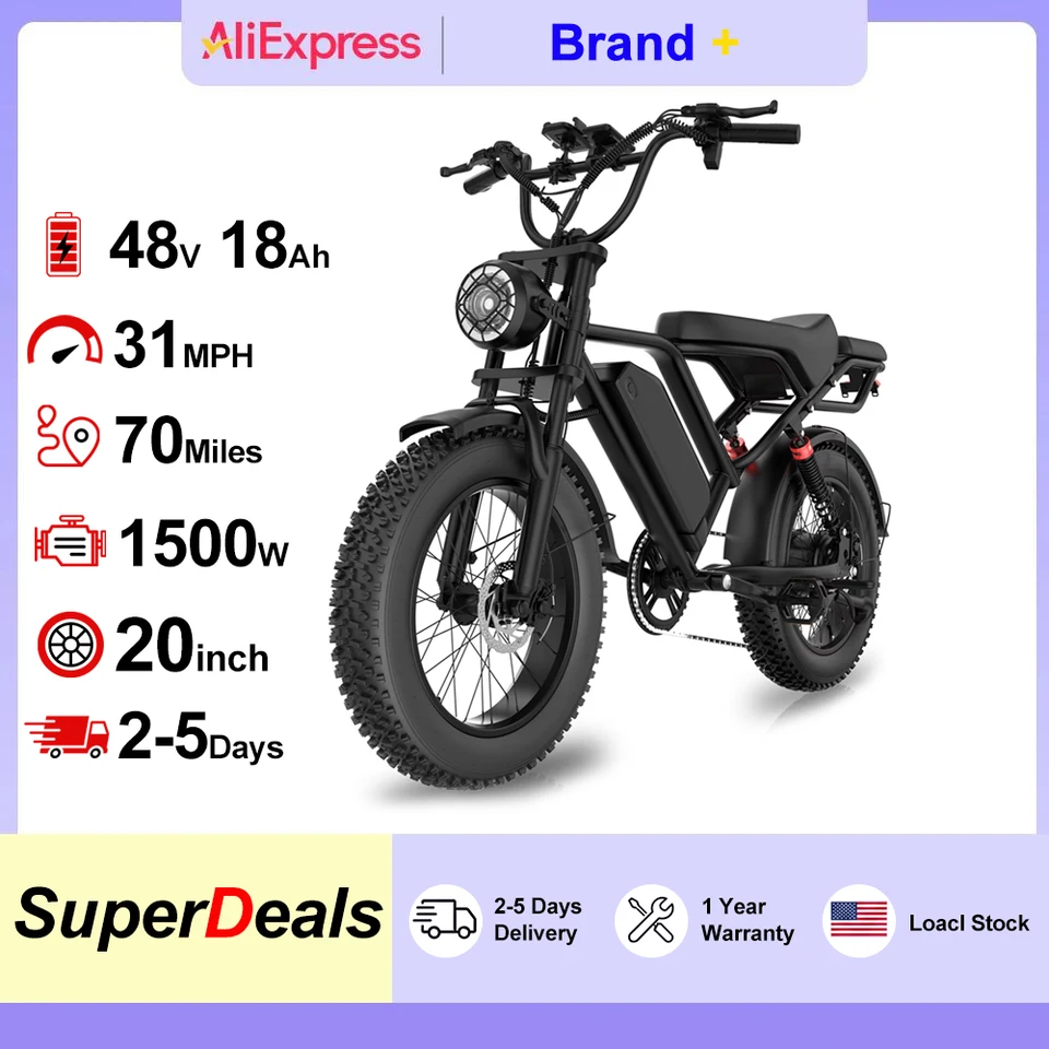 20" Fat Tire Electric Bike 1500W Peak Power 31mph Top Speed 70 Miles Max Range for Road Sand Mountain Snow Electric Motorcycle