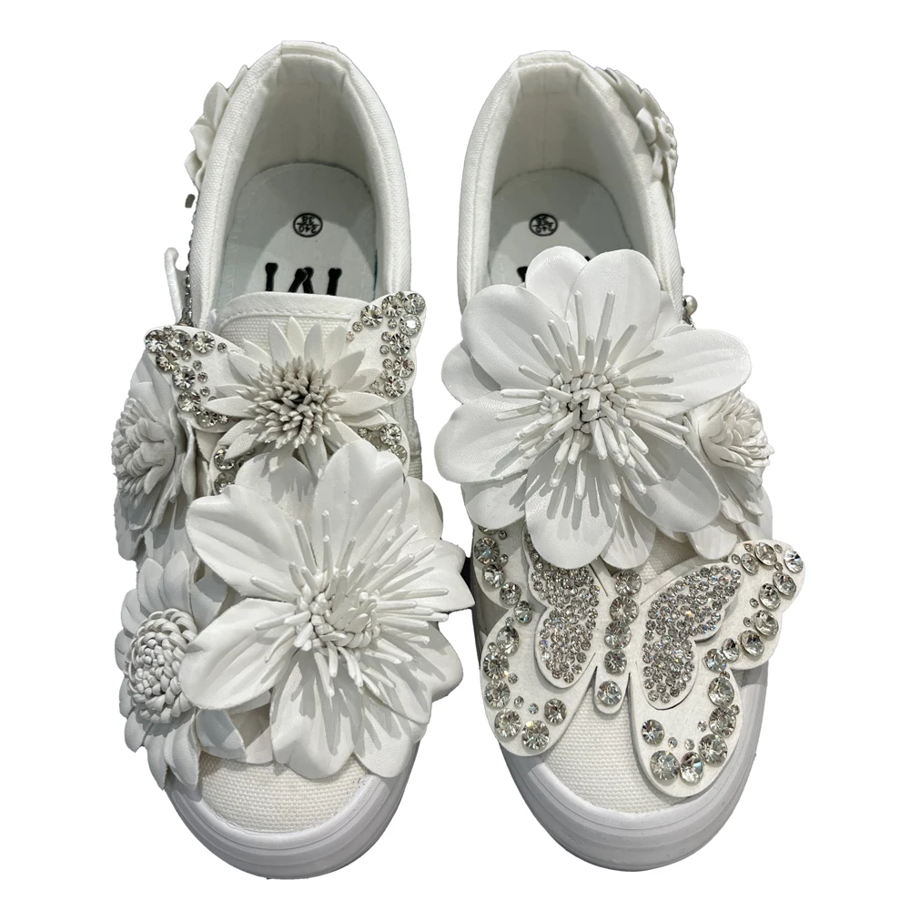 Bride Sneakers White 3cm Platform Comfortable Flower Crystal Bow High Quality Plus Size Round Toe Wide Foot Casual Canvas Shoes