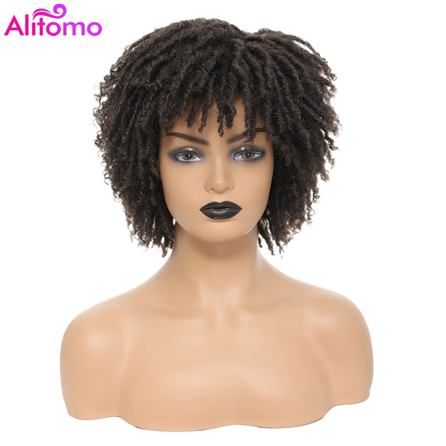 Alitomo Dreadlock Wig For Women Synthetic Curly Ombre Braided Wigs With Bangs African Faux Locs Crochet Twist Hair Short Wigs