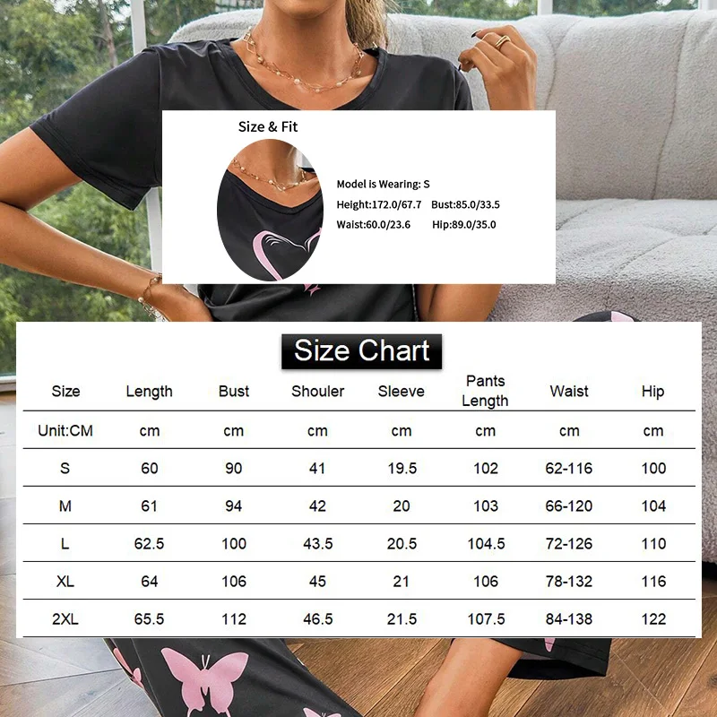 Women Butterfly & Heart Printed Pajama Set Soft Short Sleeve Crew Neck Tops & Elastic Waist Pants Sleepwear Loungewear Nightwear