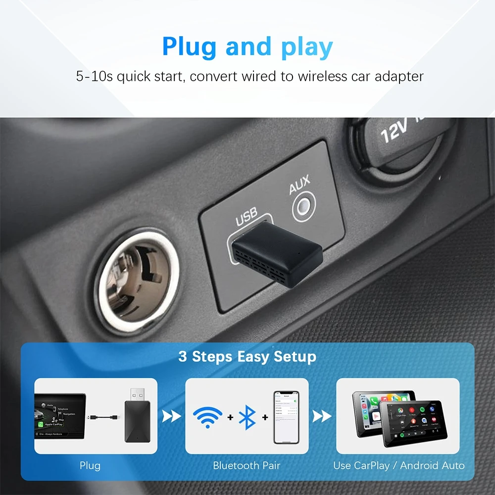 Cableado a inalámbrico Carplay y Android Auto AI Box 2 en 1 Mini adaptador Plug And Play Dongle conexión rápida Compatible con 99% de coches