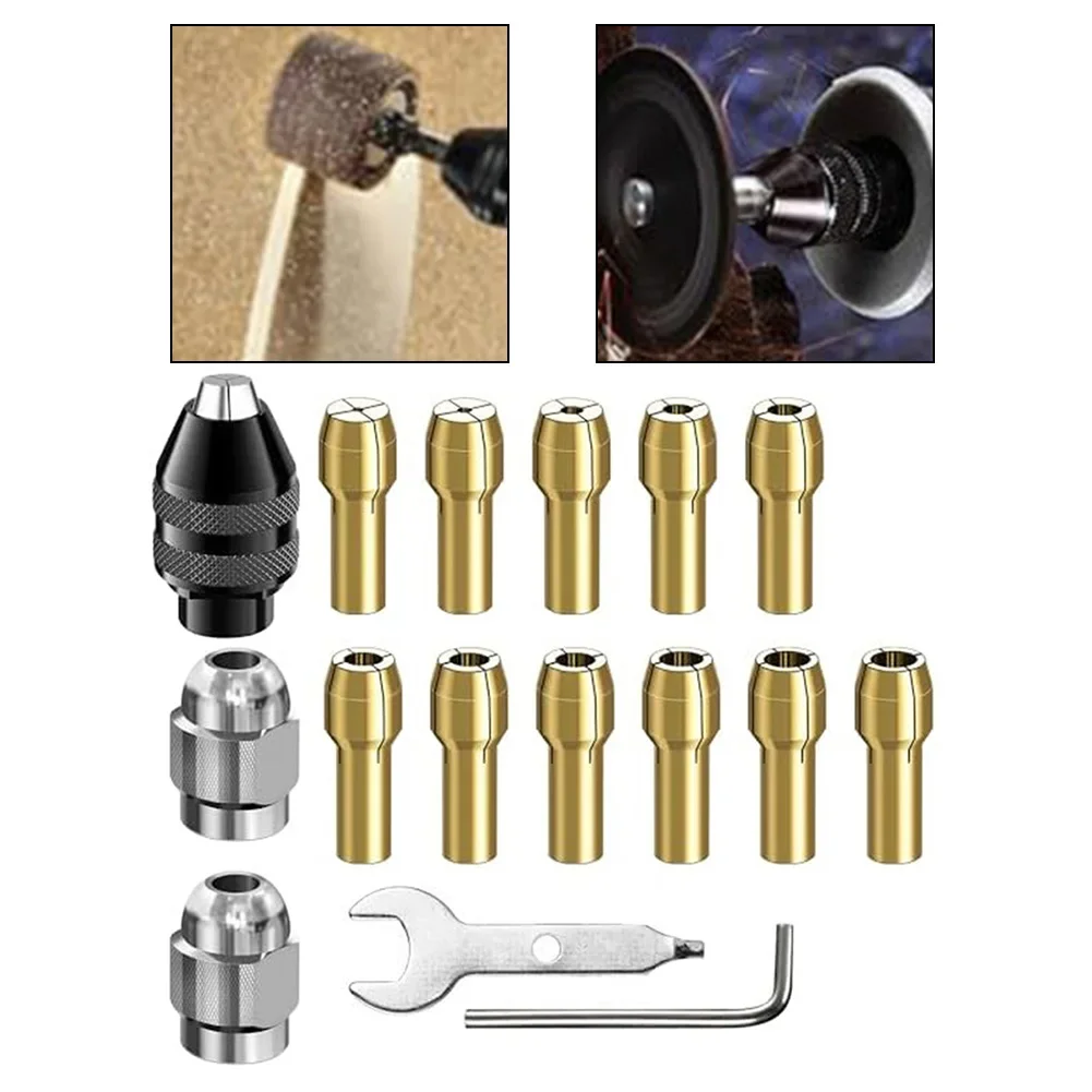 

Robust 16 Pcs Drill Chuck Collet Set in Brass for M8 Drills with Keyless Design for Quick Bit Changes and Secure Holding