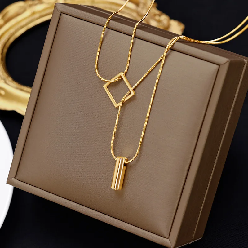 Stainless steel Gold Color Overlay Double-Layer Necklace Women's Fashion Jewelry Party Girls' Fadeless Accessories Gift