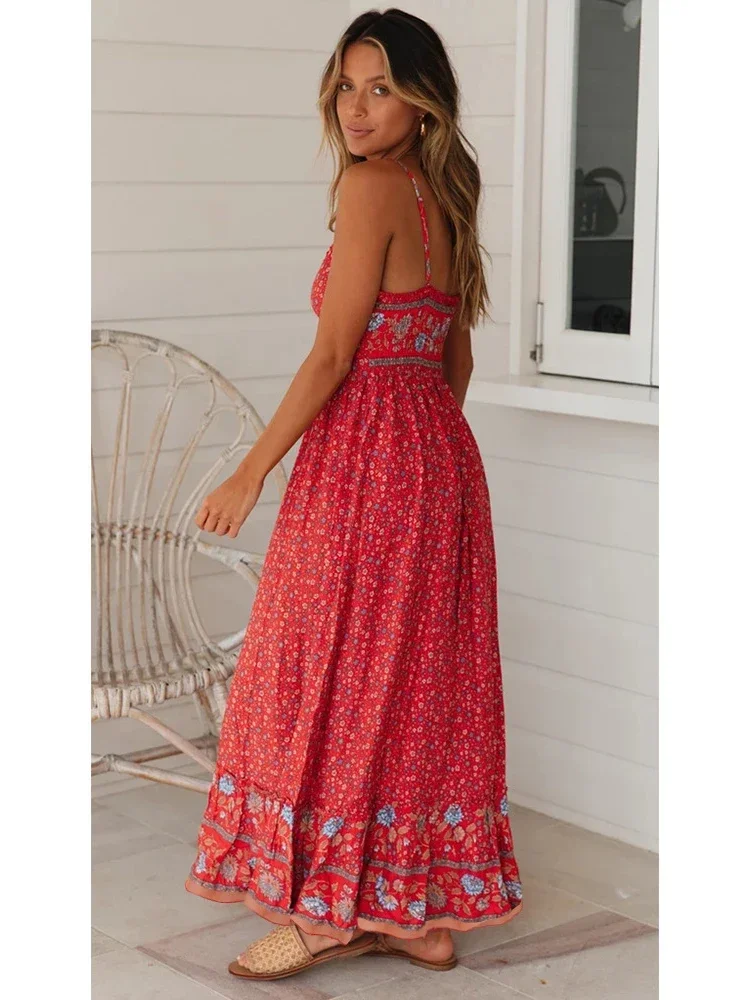 2024 Sommer Maxi Boho Kleid Frauen elegante Blumen kleid Damen Blume V-Ausschnitt ärmellose Riemen Urlaub Bohemian Kleid für Frauen