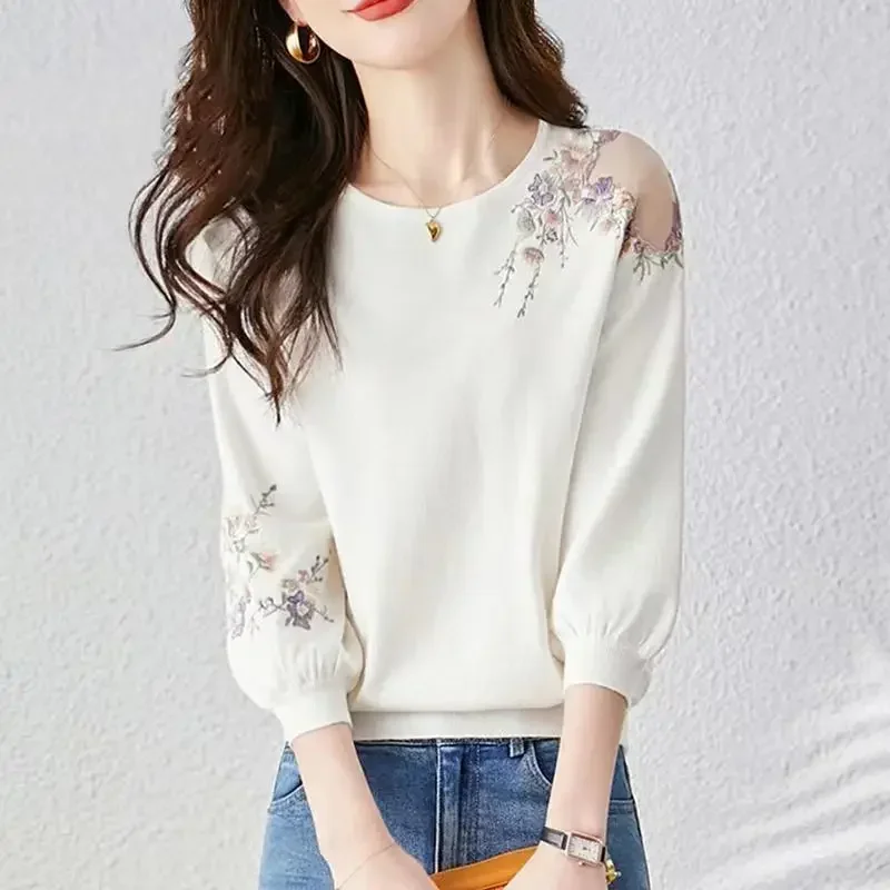 Kimotimo Embroidery Flower Hollow Sweater Women 2023 New Three Quarter Sleeve Thin Knit Tops Korean Fashion Versatile Pullover