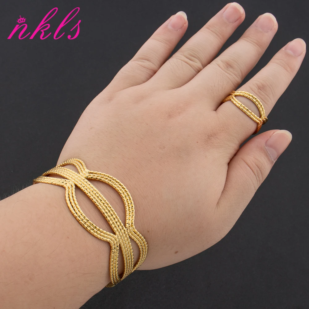 

Dubai Gold Color Cuff Bangle Ring Women Fashion Hollow Design Jewelry Set African Wedding Bride Bracelet New Trend Party Gift