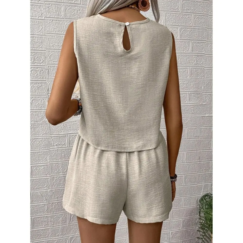 Fashion Solid Color Vest Shorts Set Simple Design Multi-size Sleeveless Top Set Casual Outfit Set For Women