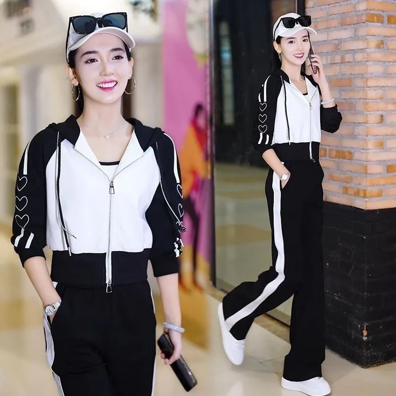 ผู้หญิงสบายๆ Sporty Heart Patchwork Hooded Coats กางเกง 2 ชิ้นชุดเลดี้ฤดูใบไม้ผลิฤดูใบไม้ร่วงสั้นซิปแจ็คเก็ตกางเกงชุด