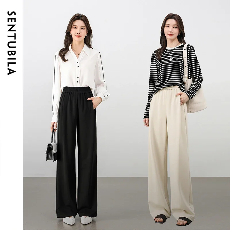 

SENTUBILA Knitted Loose Pants Womens 2025 Spring Straight Elastic High-waist Solid Folds Comfort Sweatpant Female 151K59398