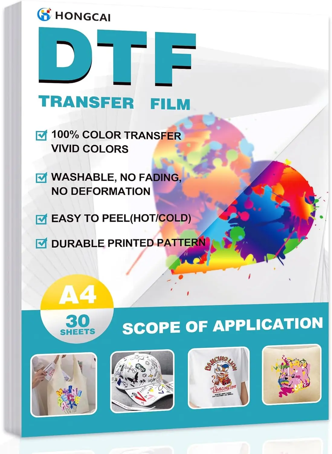 

DTF Transfer Film A4 30 Sheets Double-Sided Matte Pre-Treated PET Heat Transfer Paper for T-Shirts & Fabrics, Cold & Hot Peel,