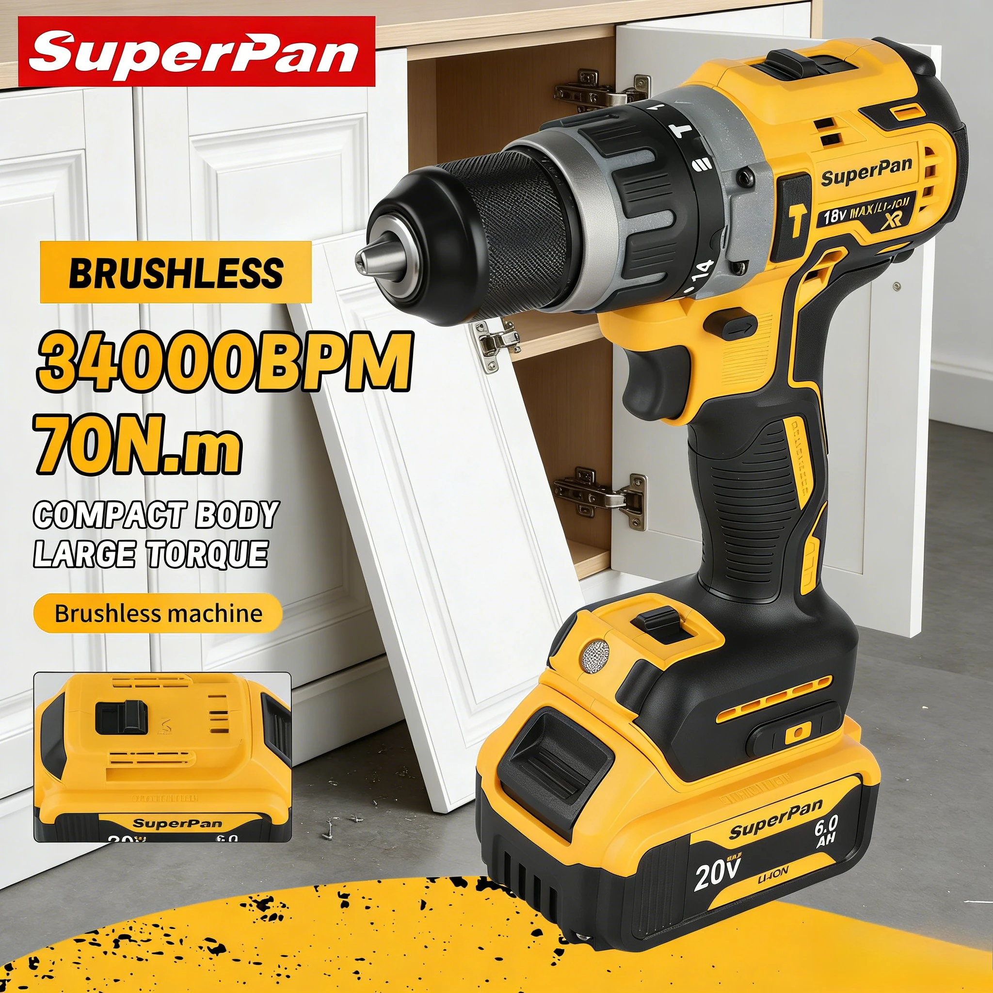 

Аккумуляторная дрель-шуруповерт SuperPan Lithium Ion DCD796 70Нм 0-2200 об/мин 40/13/13мм для крепления телевизионных подставок, совместимая с аккумулятором Dewalt 20В.