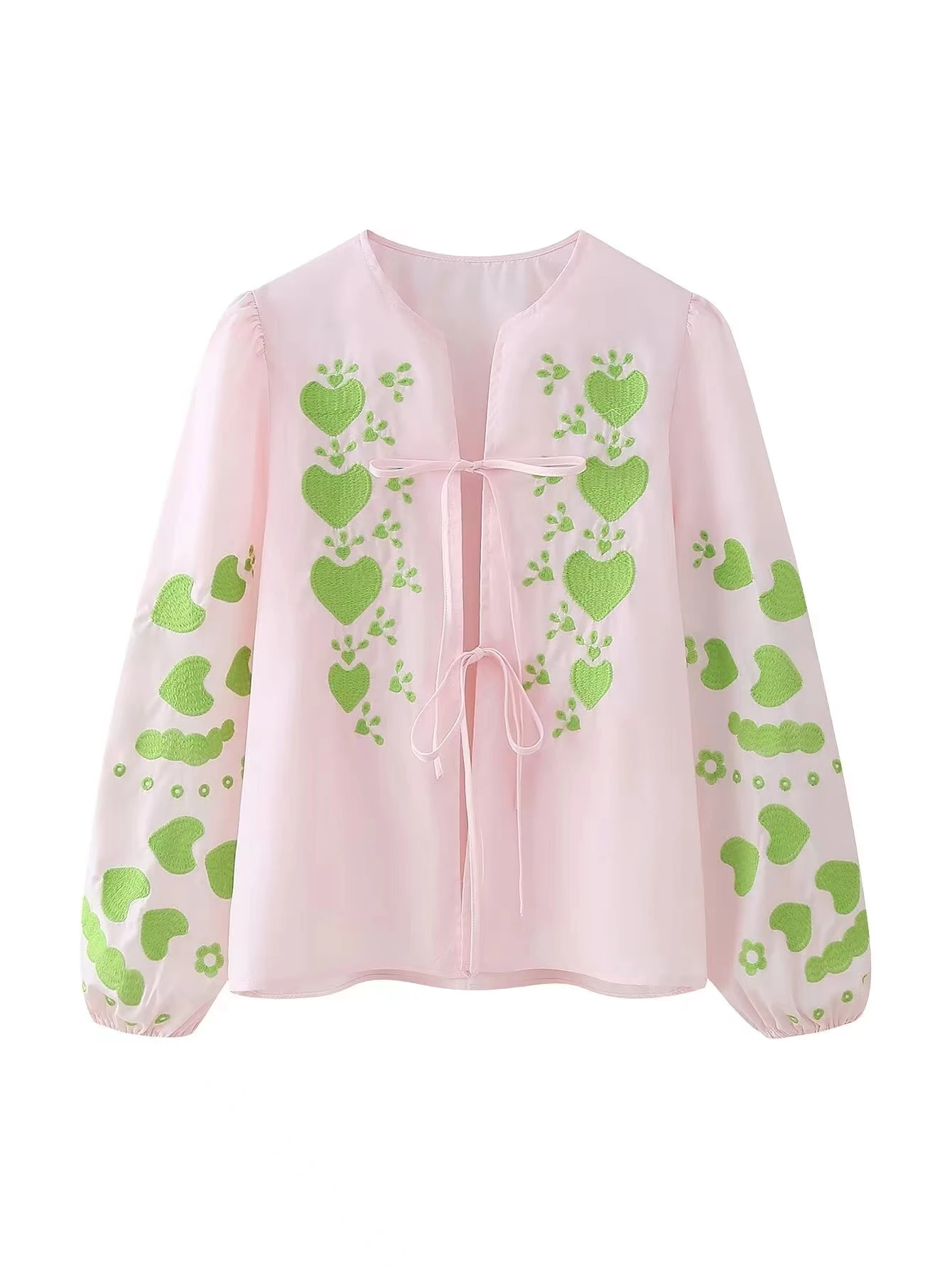 New Round Neck Lace Up Printed Women Shirts Chic Puff Sleeve Female Blouses 2024 Spring Summer Casual Chic Lady Streetwear