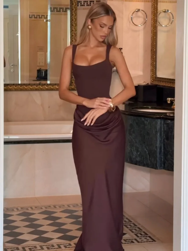 

Однотонное плиссированное платье на бретельках, элегантное теплое платье без рукавов с квадратным вырезом и открытыми плечами на талии, модные вечерние платья