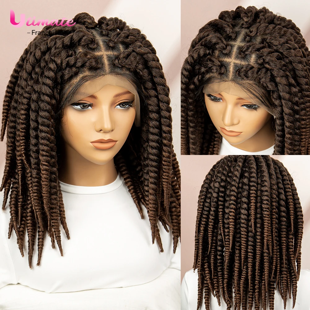 Wig kepang pendek 16 inci, Wig kepang kotak sintetis renda penuh untuk wanita, Wig rambut kepang Crochet putar Bob