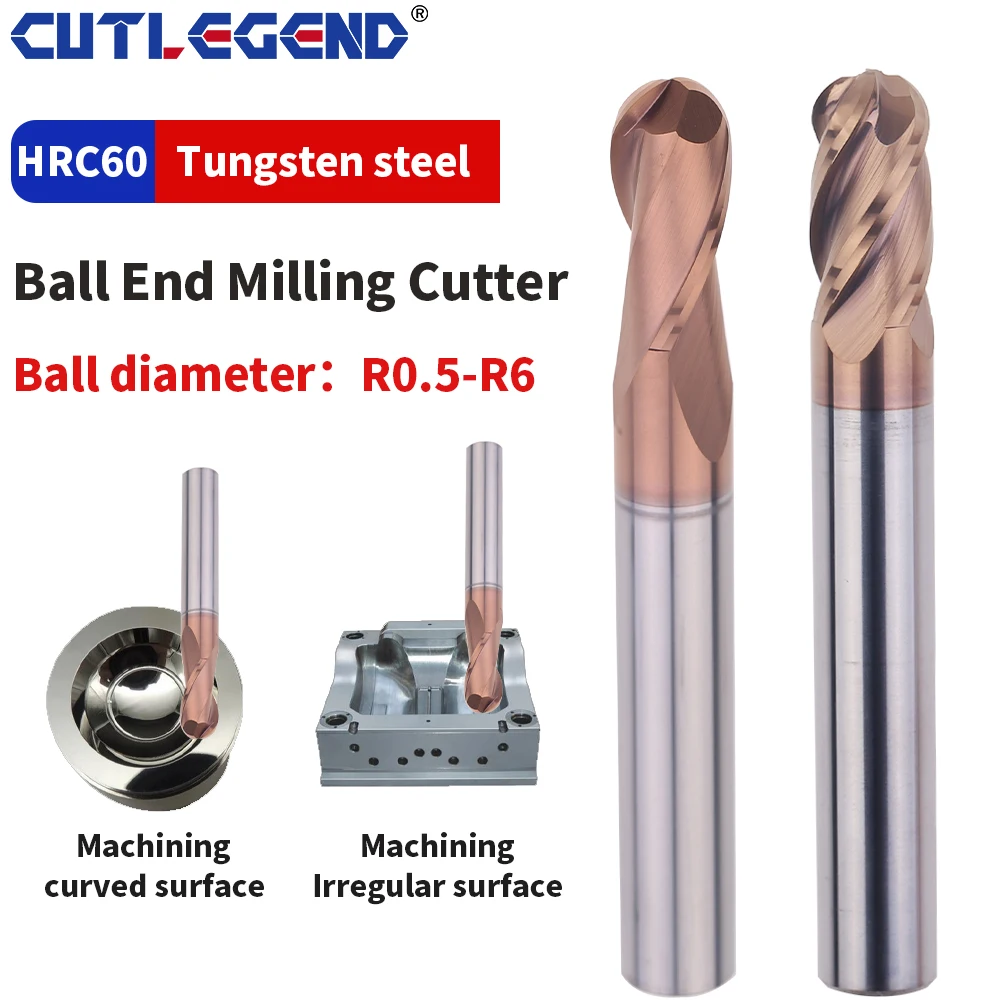 

CUTLEGEND Ball Nose End Mill Tungsten Carbide Cutter CNC Router Bit Milling Tool R2 R3 R4 R5 R6 6mm 8mm 10mm 12mm 2 Flute 4Flute