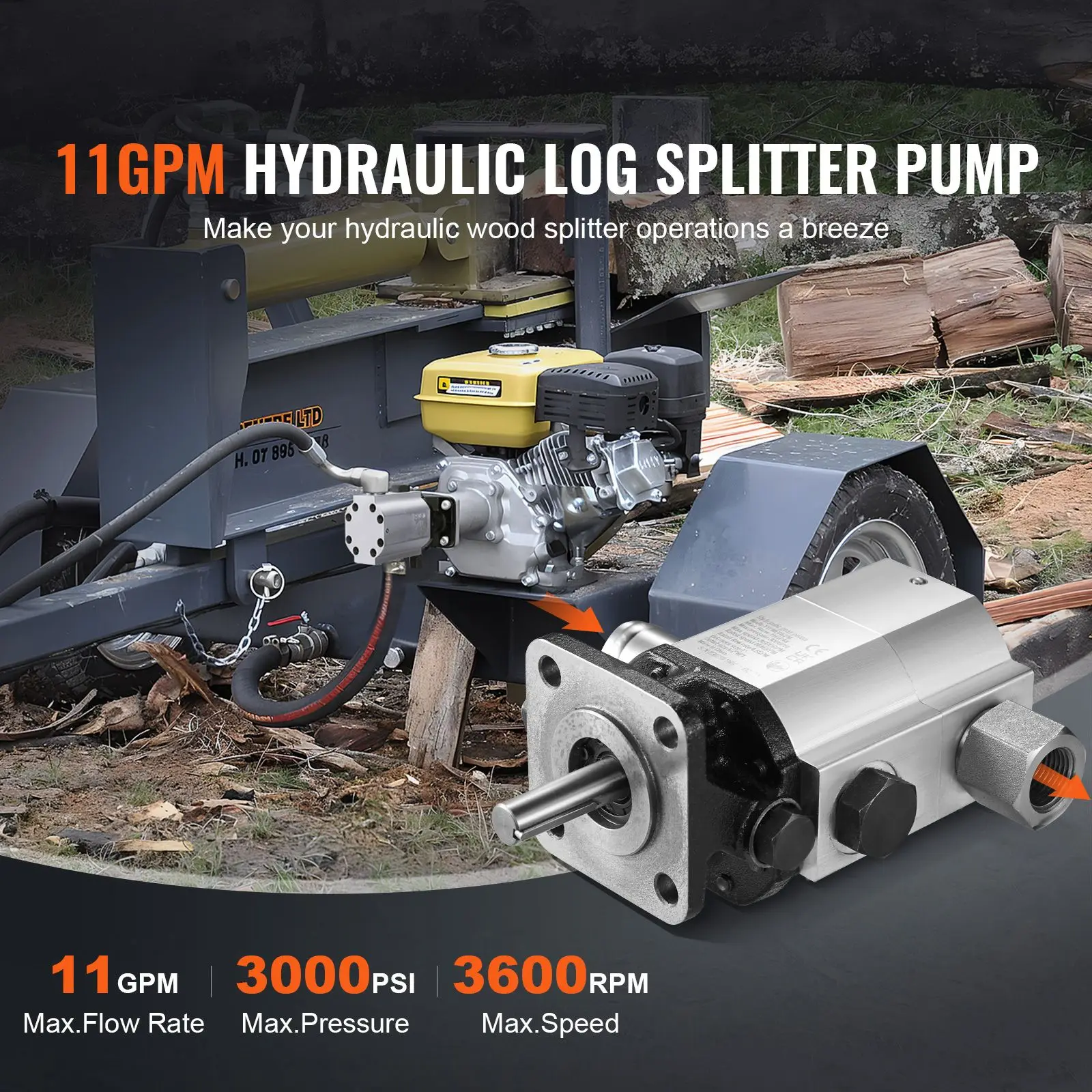 Hydraulic Log Splitter Pump, 11GPM, 2 Stage 3000PSI Wood Log Splitter Pump, 1'' Inlet 1/2'' NPT Outlet 3600 RPM Aluminum