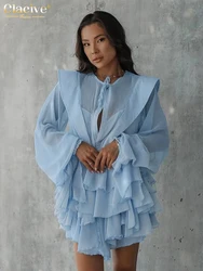 Clacive Fashion Loose Blue Chiffon Women Dress 2025 Casual O-Neck Long Sleeve Mini Dresses Elegant Lace-Up Pleated Female Dress