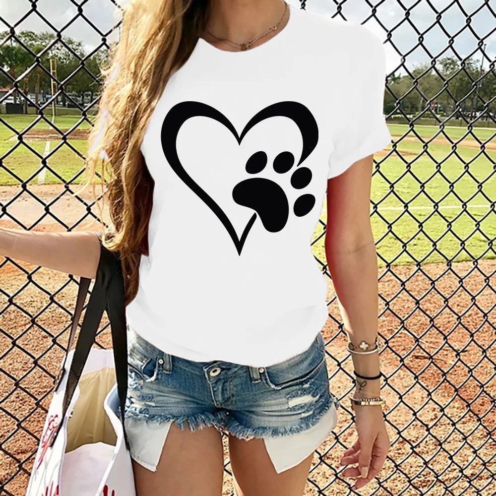 

Cotton 100% Love Print Short-sleeved Pullover Round Neck Casual Loose T-shirt Woman Tops Aesthetic Clothes