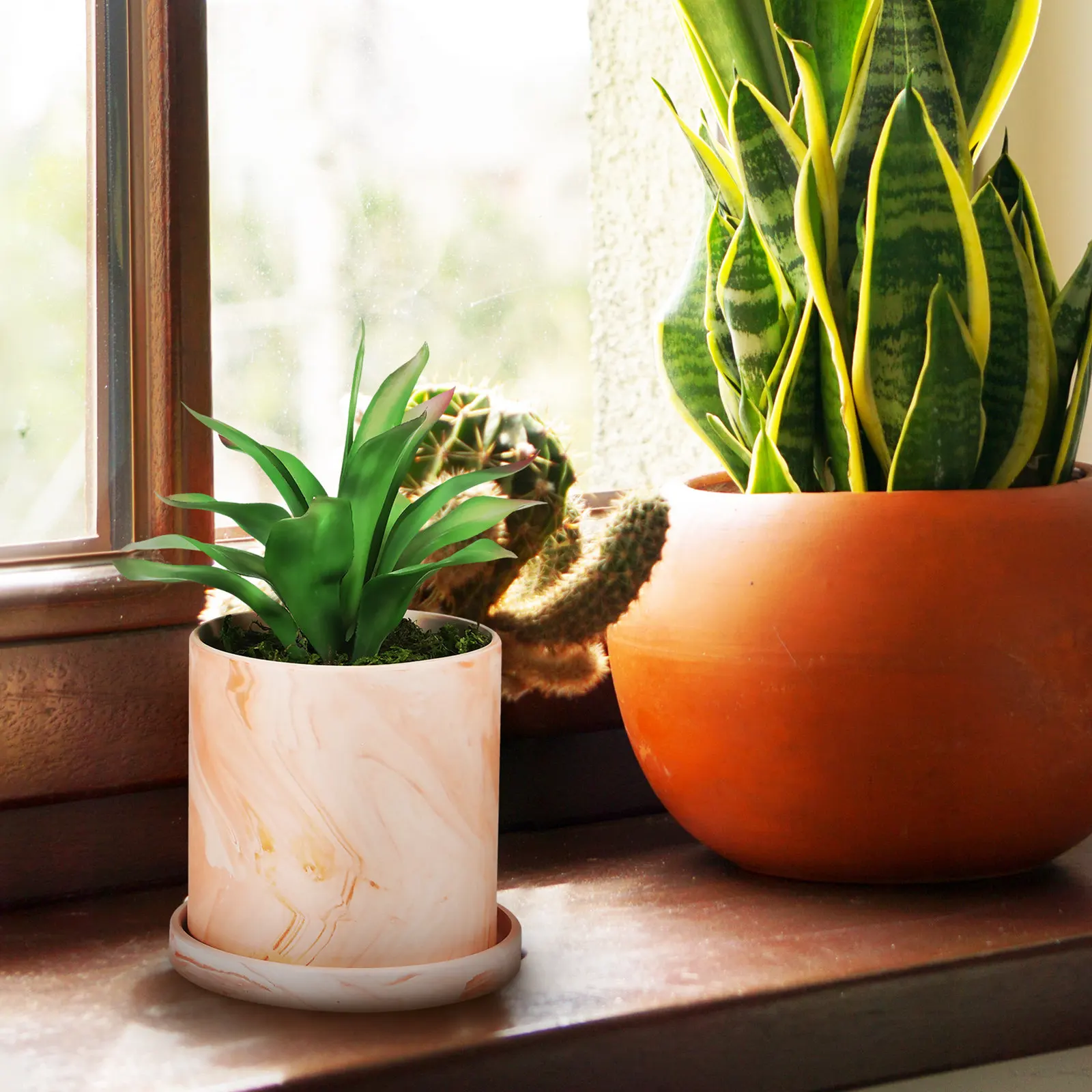 Straight Cylinder Red White Terracotta Pot Medium Size Plant Pot Clay Pots Indoor Outdoor with Saucer Drainage Holes