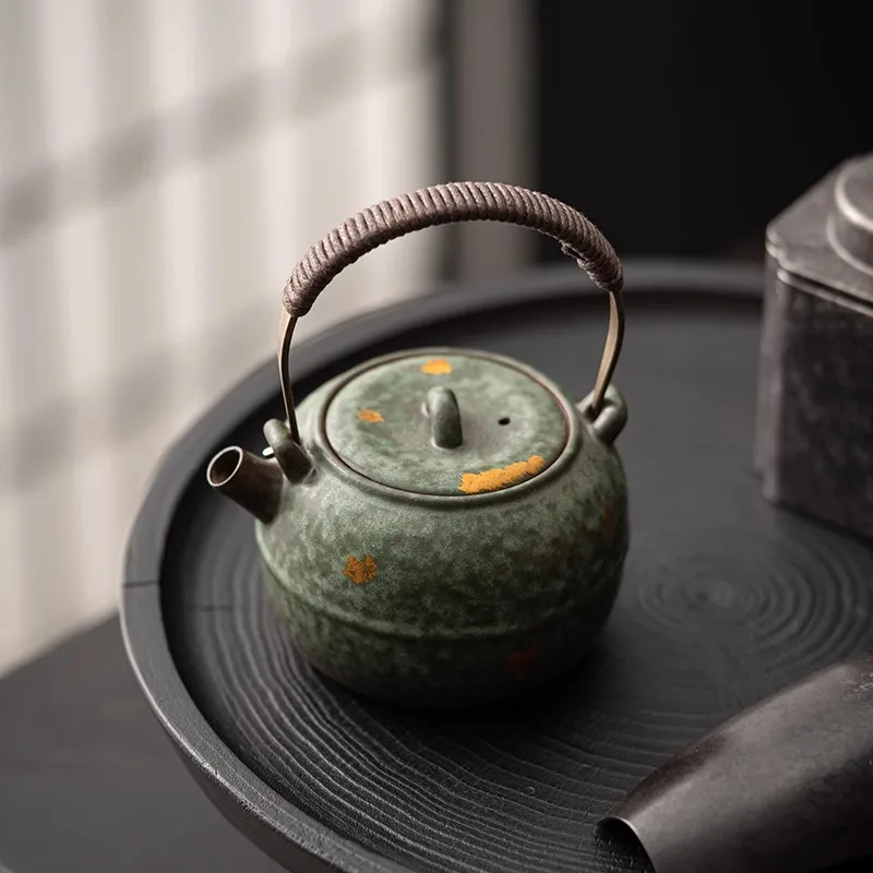 

Coarse Pottery Handle Teapot, Old Rock Mud Kung Fu Tea Set Teapot, Household Anti Scald Tea Pot, Hand Drawn Gold Large Tea Pot