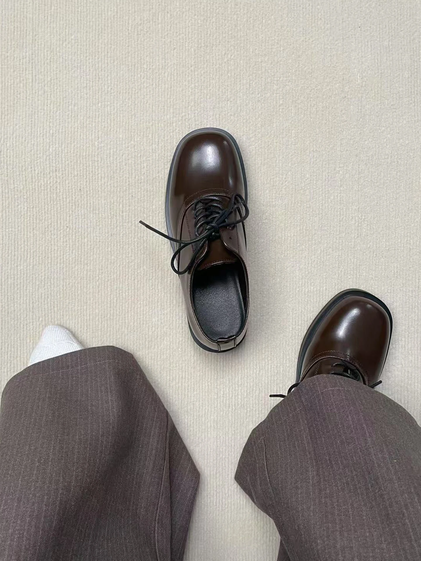 British Style  Shoes Brown Thick Bottom Casual Square Head Men's Women's Cleanfit Business Formal Leather Shoes