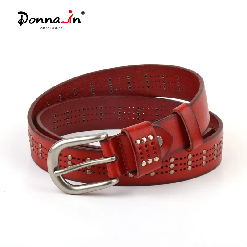 Donna-in First Layer Cowskin Belt Leather Women Rivets Vintage Hollowed-out Punk Style Pin Buckle Waist Belt for Jeans Dresses