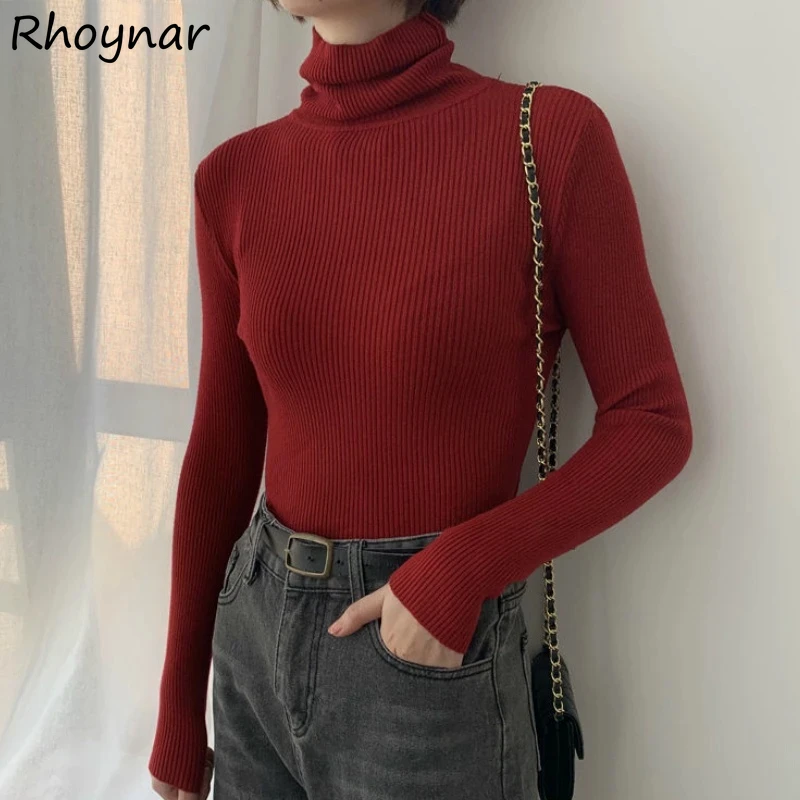 

Pullover Women Turtleneck Solid Stretchy Fashion Elegant Skinny Korean Style Slim Knitted Chic Womens Sweaters All-match Simple