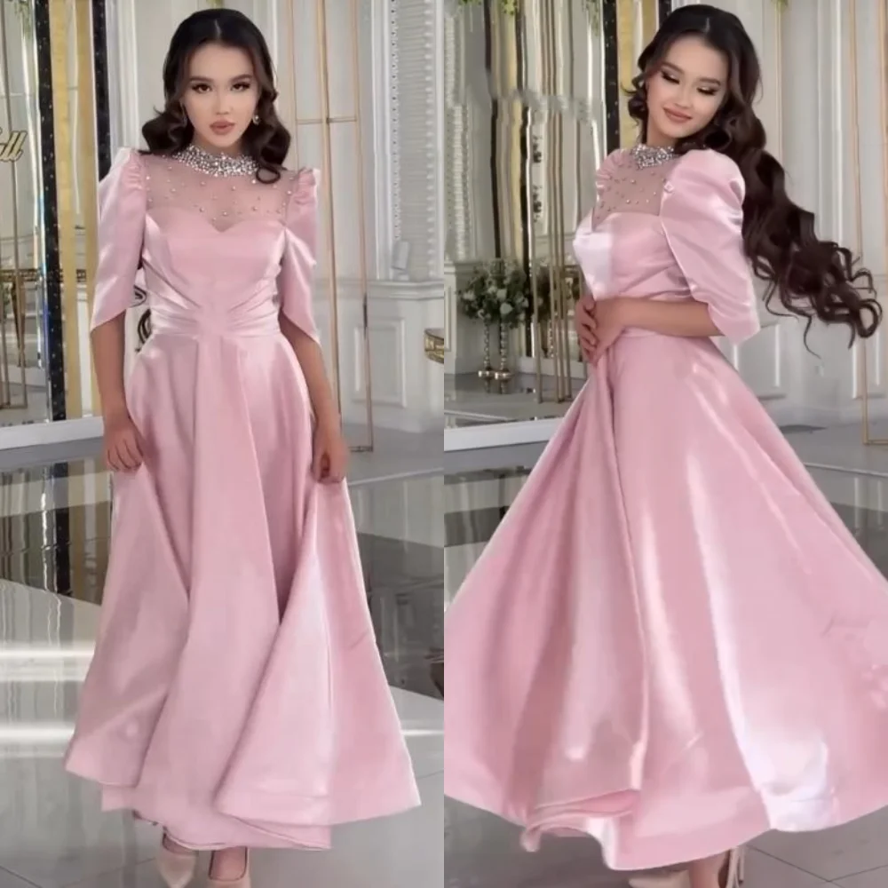 

Elegant Matching Jewel A-line Anke Length Evening Dresses Formal Ocassion Gown Paillette / Sequins Satin vestidos prom 2023