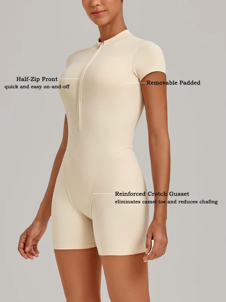 Women Workout Jumpsuit Zip Up Romper Bottom Shorts Bodysuit Bodycon Short Sleeve Yoga Gym Set for for Athletic Leotards Outfits