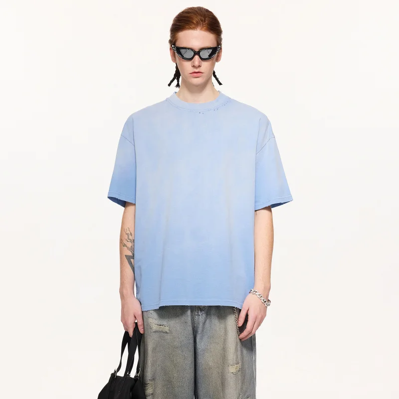 تي شيرت W2EJOURNEY Pure CottontMen مع ياقة متوترة وأكمام قصيرة مغسول ومتعثرة تي شيرت ماركة أزياء شارع العليا #1