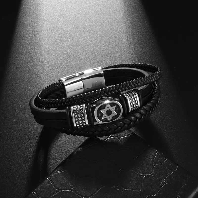 Men's Stainless Steel Star of David Symbol Bracelets for Men Multi Layer Leather Woven Bracelet Jewelry Accessory Christmas Gift